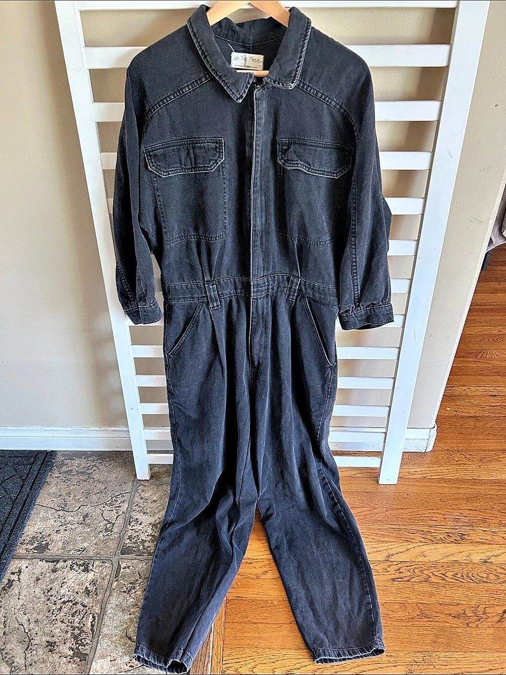 Free People We The Free Sammie Denim Coverall Jumpsuit Washed Black Size Large